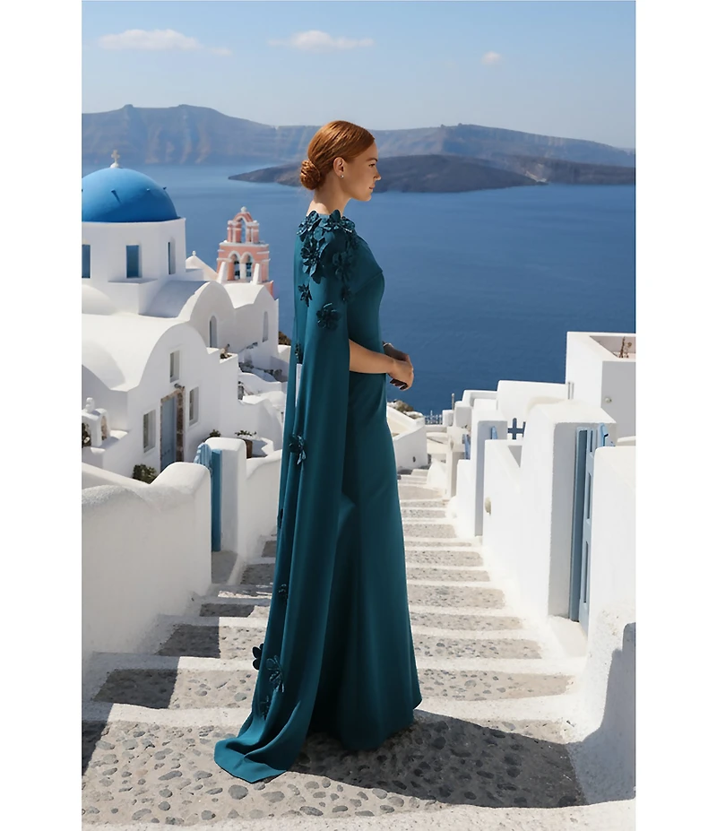 Terani Couture Crepe Cape Overlay 3D Floral Applique Sheath Dress