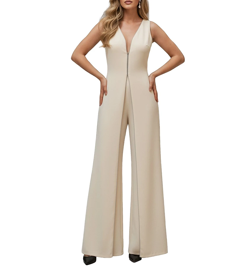 Terani Couture Crepe Low V Neck Sleeveless Jumpsuit