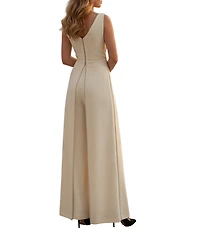 Terani Couture Crepe Low V Neck Sleeveless Jumpsuit
