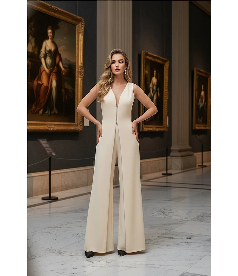 Terani Couture Crepe Low V Neck Sleeveless Jumpsuit