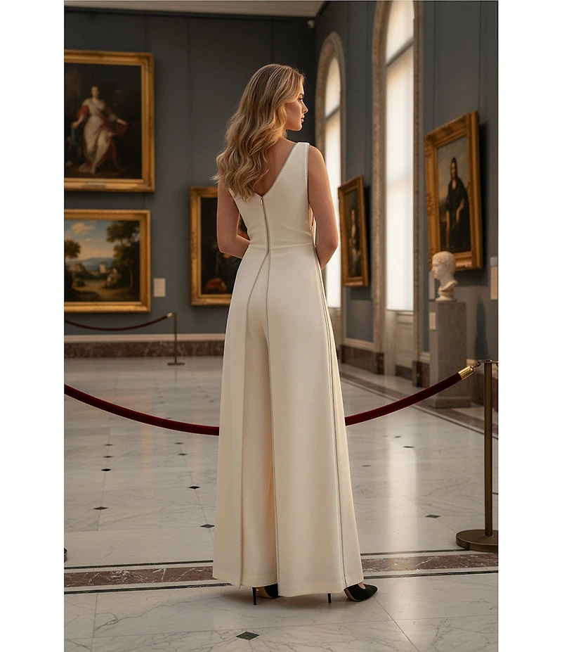 Terani Couture Crepe Low V Neck Sleeveless Jumpsuit