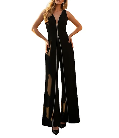 Terani Couture Crepe Low V Neck Sleeveless Jumpsuit