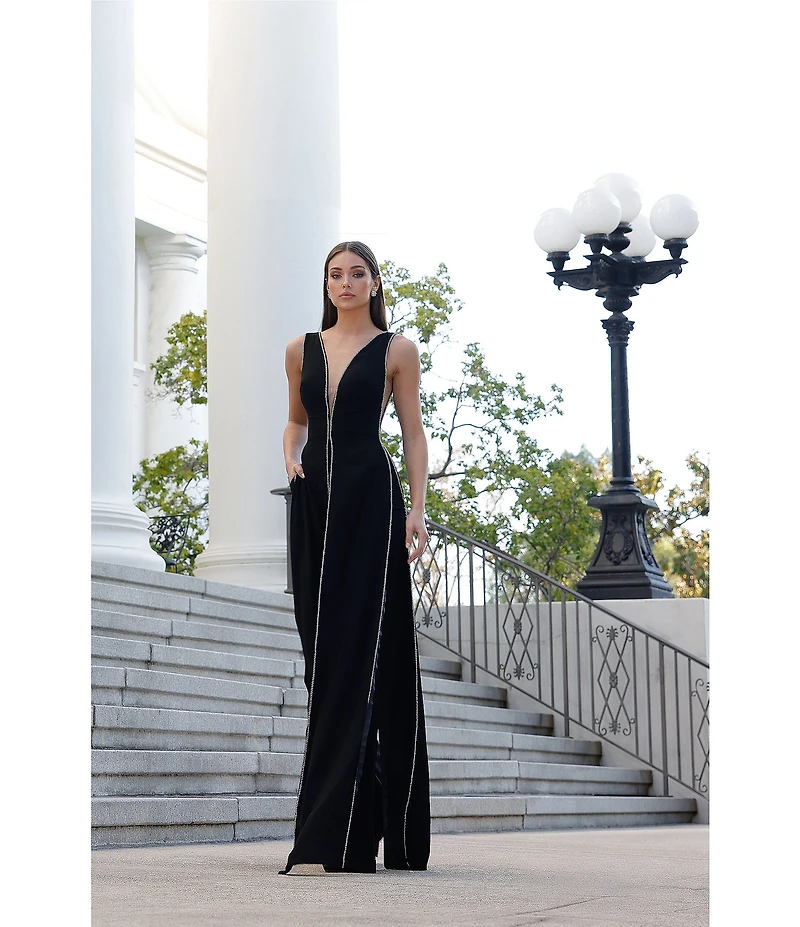 Terani Couture Crepe Low V Neck Sleeveless Jumpsuit