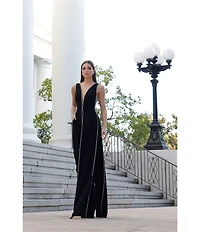 Terani Couture Crepe Low V Neck Sleeveless Jumpsuit