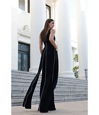 Terani Couture Crepe Low V Neck Sleeveless Jumpsuit