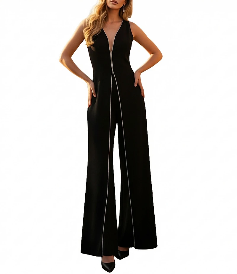 Terani Couture Crepe Low V Neck Sleeveless Jumpsuit
