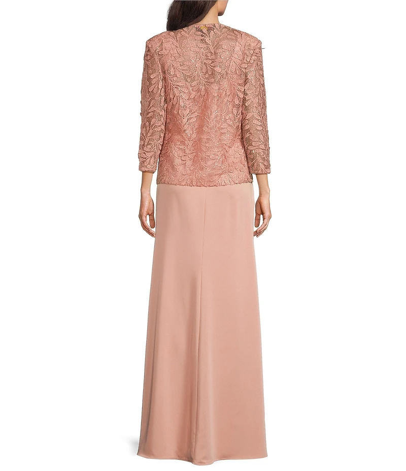 Terani Couture Crepe Straight Neck Long Sleeve Beaded 3D Petal Removeable Jacket Gown