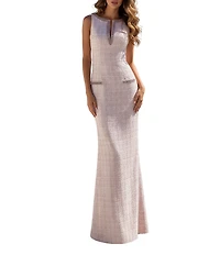 Terani Couture Crew Neck Tweed Column Gown