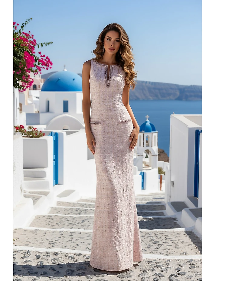 Terani Couture Crew Neck Tweed Column Gown