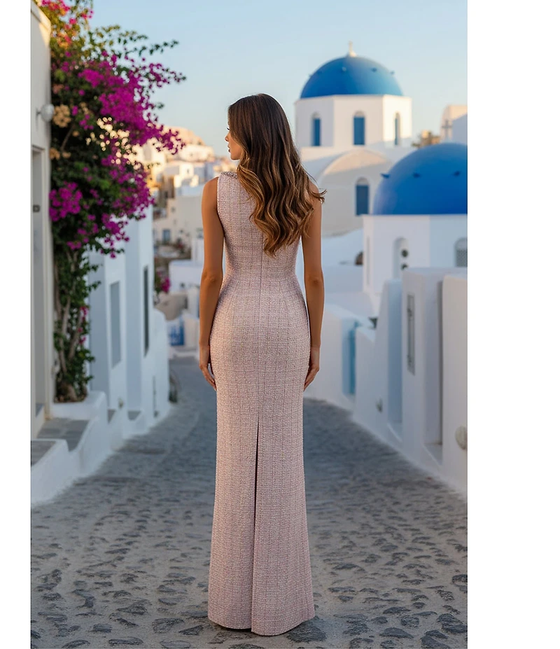 Terani Couture Crew Neck Tweed Column Gown