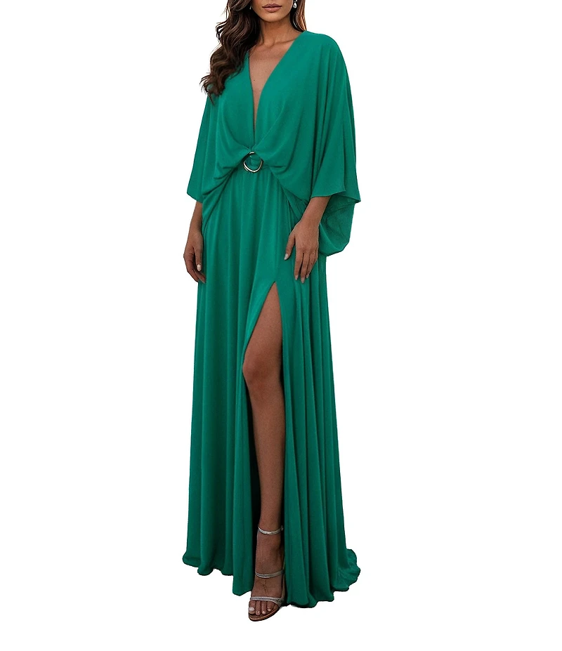Terani Couture Deep V Neck Flowy Gown