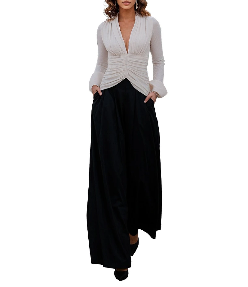 Terani Couture Deep V Neck Wide Leg Pantsuit Silhouette Dress