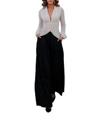 Terani Couture Deep V Neck Wide Leg Pantsuit Silhouette Dress