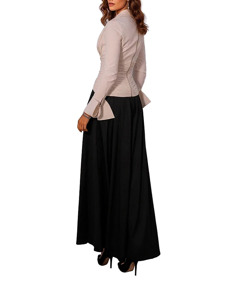 Terani Couture Deep V Neck Wide Leg Pantsuit Silhouette Dress