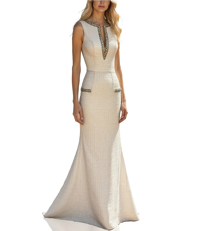 Terani Couture Embellished Boat Neck Sleeveless Tweed Column Gown