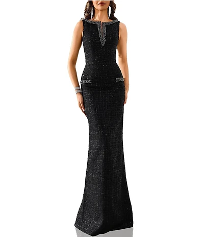 Terani Couture Embellished Boat Neck Sleeveless Tweed Column Gown