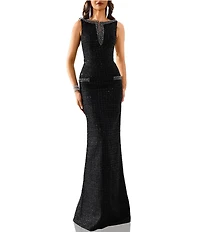 Terani Couture Embellished Boat Neck Sleeveless Tweed Column Gown