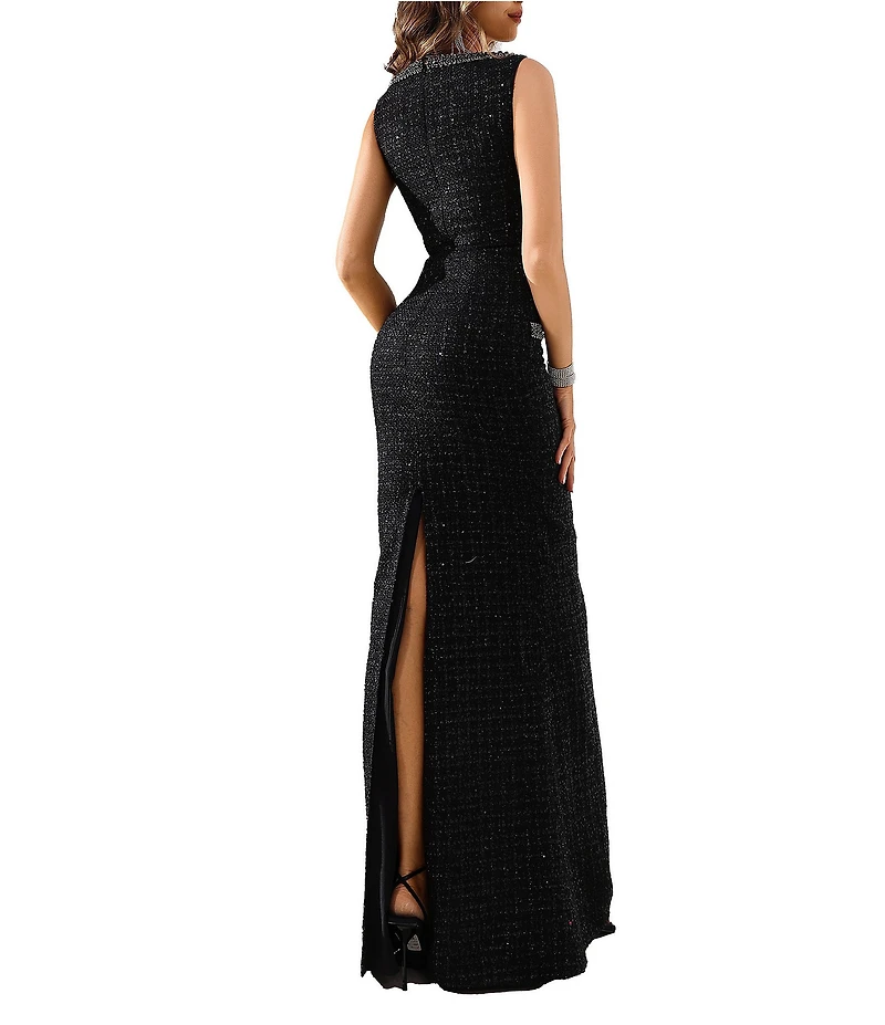 Terani Couture Embellished Boat Neck Sleeveless Tweed Column Gown