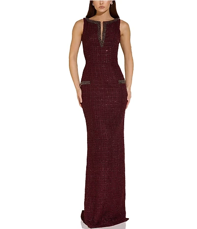 Terani Couture Embellished Boat Neck Sleeveless Tweed Column Gown