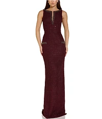 Terani Couture Embellished Boat Neck Sleeveless Tweed Column Gown