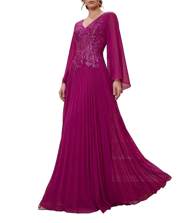 Terani Couture Embellished Chiffon Capelet Sleeve V-Neck Pleated Long Dress