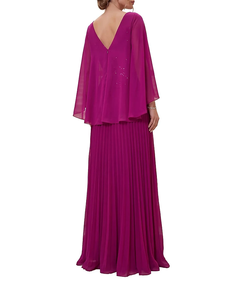 Terani Couture Embellished Chiffon Capelet Sleeve V-Neck Pleated Long Dress