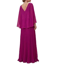 Terani Couture Embellished Chiffon Capelet Sleeve V-Neck Pleated Long Dress
