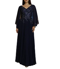 Terani Couture Embellished Chiffon Capelet Sleeve V-Neck Pleated Long Dress