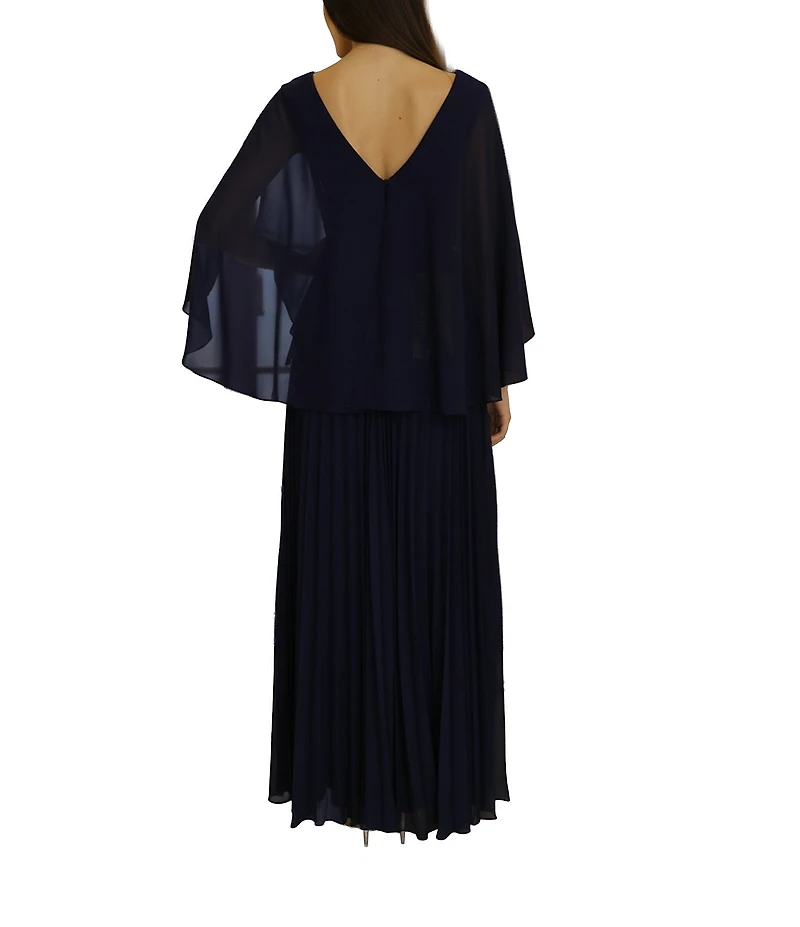 Terani Couture Embellished Chiffon Capelet Sleeve V-Neck Pleated Long Dress