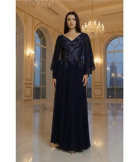 Terani Couture Embellished Chiffon Capelet Sleeve V-Neck Pleated Long Dress