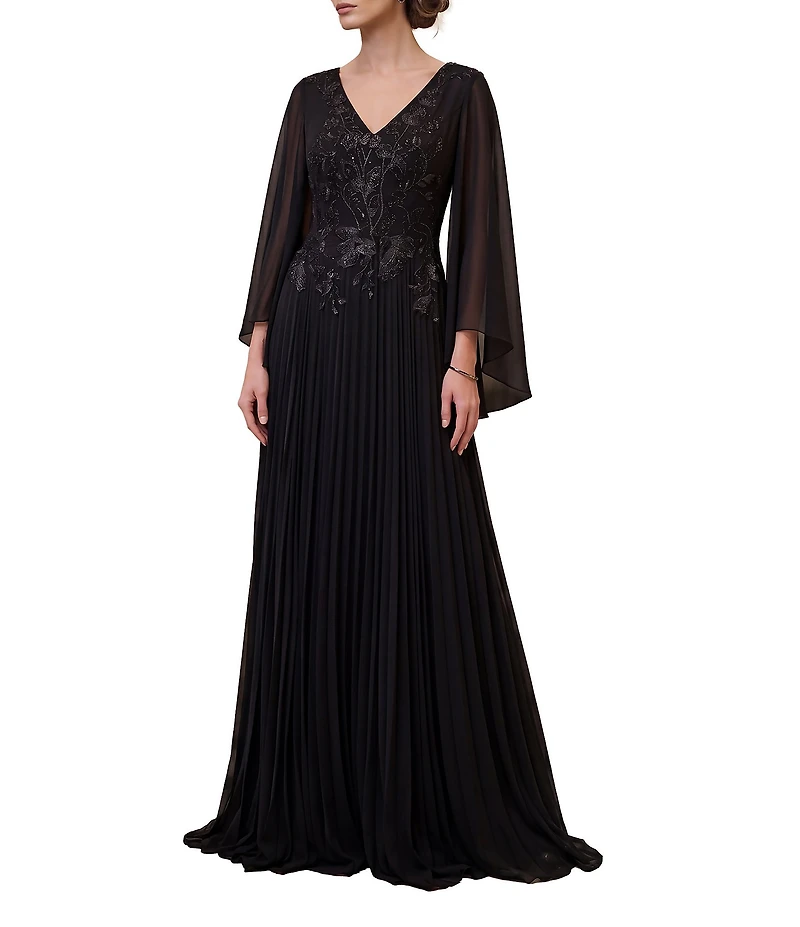 Terani Couture Embellished Chiffon Capelet Sleeve V-Neck Pleated Long Dress
