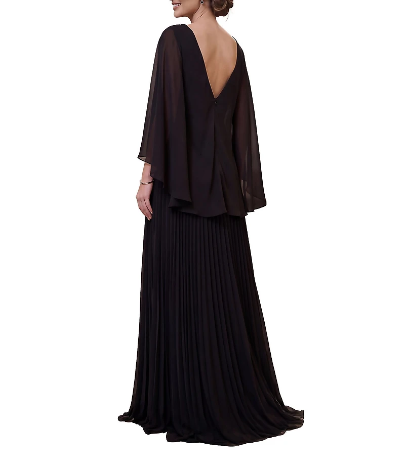 Terani Couture Embellished Chiffon Capelet Sleeve V-Neck Pleated Long Dress