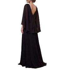 Terani Couture Embellished Chiffon Capelet Sleeve V-Neck Pleated Long Dress