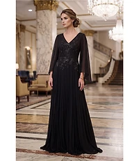 Terani Couture Embellished Chiffon Capelet Sleeve V-Neck Pleated Long Dress