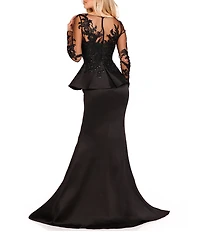 Terani Couture Embroidered Illusion Round Neck Long Sleeve Front Slit Ruffled Mermaid Gown