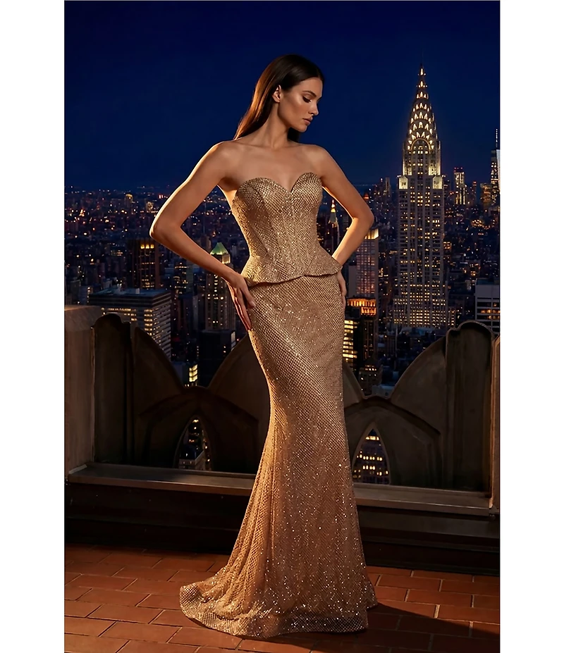 Terani Couture Fishnet Strapless Peplum Corset Gown