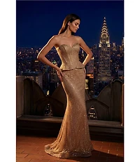 Terani Couture Fishnet Strapless Peplum Corset Gown