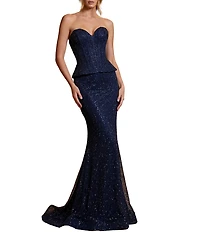 Terani Couture Fishnet Strapless Peplum Corset Gown