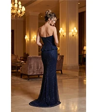 Terani Couture Fishnet Strapless Peplum Corset Gown