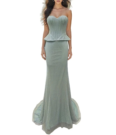 Terani Couture Fishnet Strapless Peplum Corset Gown