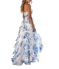 Terani Couture Floral Chiffon Strapless High Low A-Line Gown