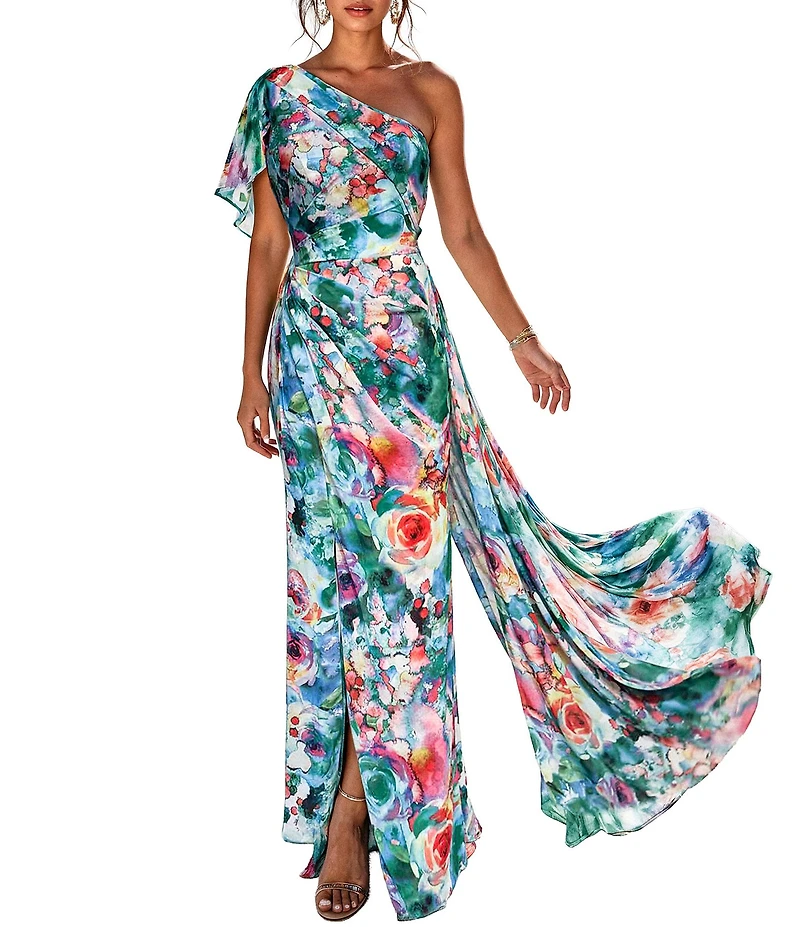 Terani Couture Floral Print One Shoulder Sleeveless A-Line Long Gown
