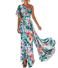 Terani Couture Floral Print One Shoulder Sleeveless A-Line Long Gown