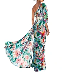Terani Couture Floral Print One Shoulder Sleeveless A-Line Long Gown