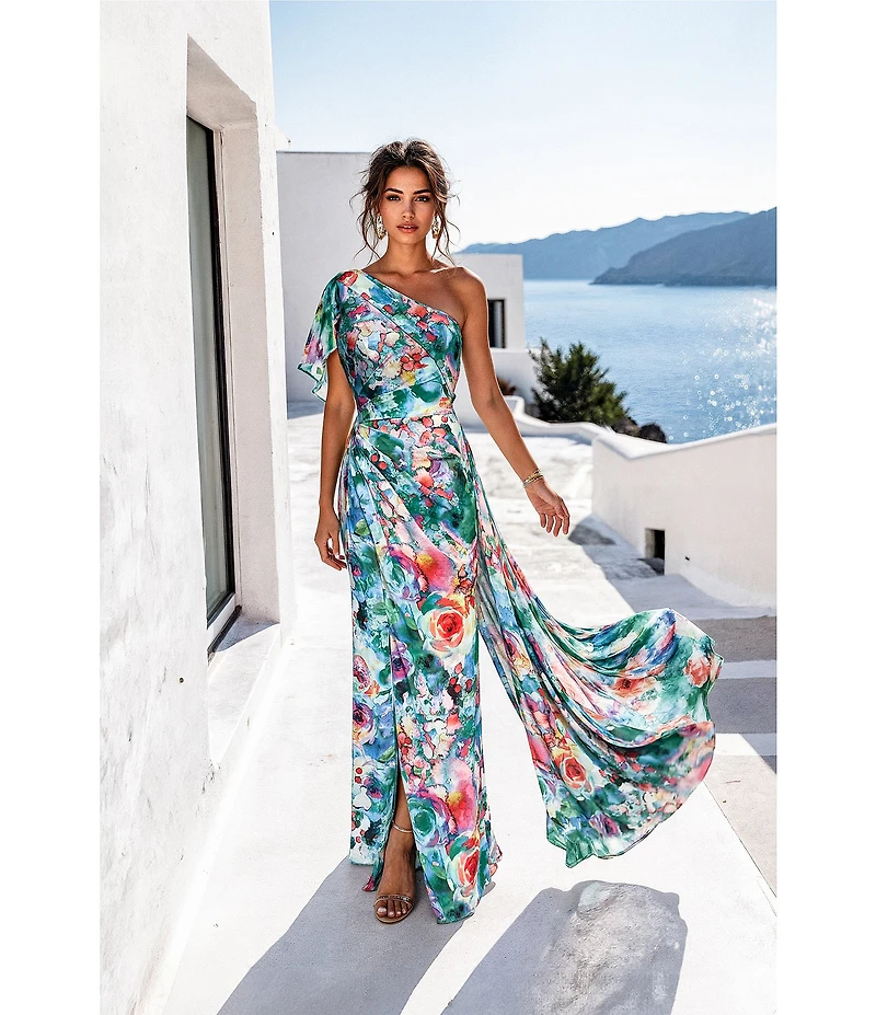 Terani Couture Floral Print One Shoulder Sleeveless A-Line Long Gown