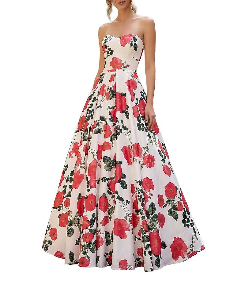 Terani Couture Floral Satin Print Sweetheart Neck A Line Gown