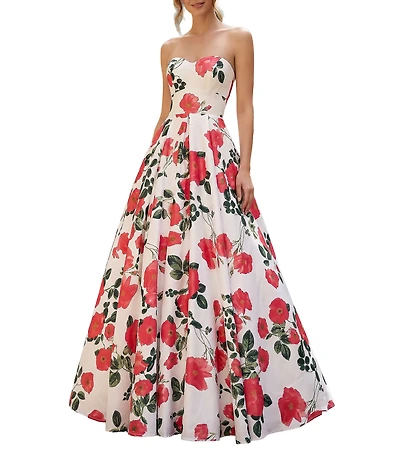Terani Couture Floral Satin Print Sweetheart Neck A Line Gown