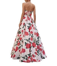 Terani Couture Floral Satin Print Sweetheart Neck A Line Gown