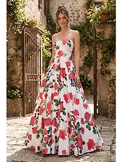 Terani Couture Floral Satin Print Sweetheart Neck A Line Gown