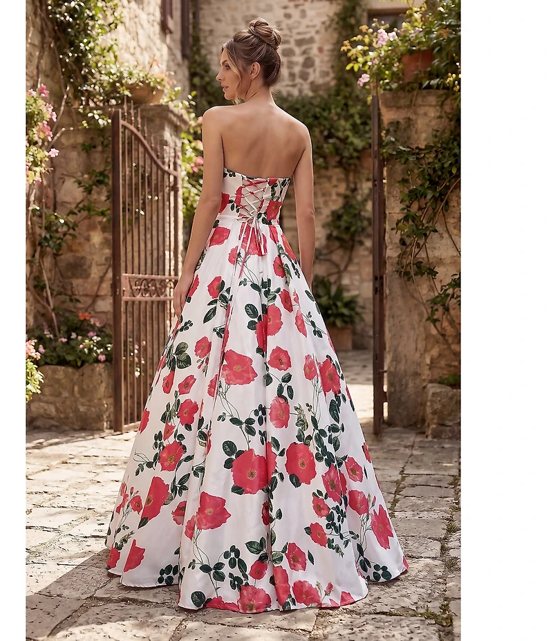Terani Couture Floral Satin Print Sweetheart Neck A Line Gown
